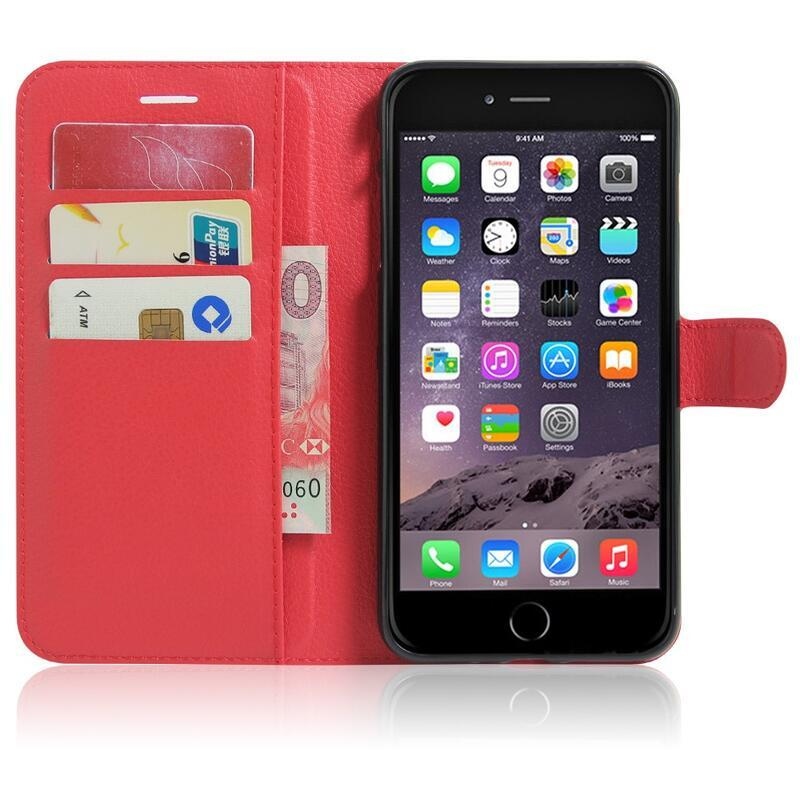 Litchi PU kožené peněženkové pouzdro na mobil iPhone 8 Plus/7 Plus - červené