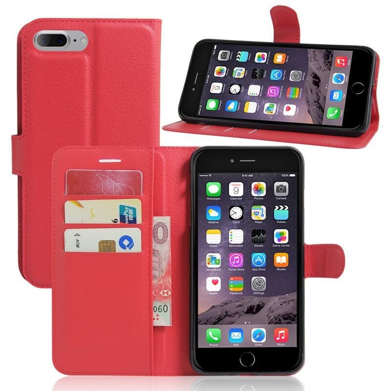 Litchi PU kožené peněženkové pouzdro na mobil iPhone 8 Plus/7 Plus - červené