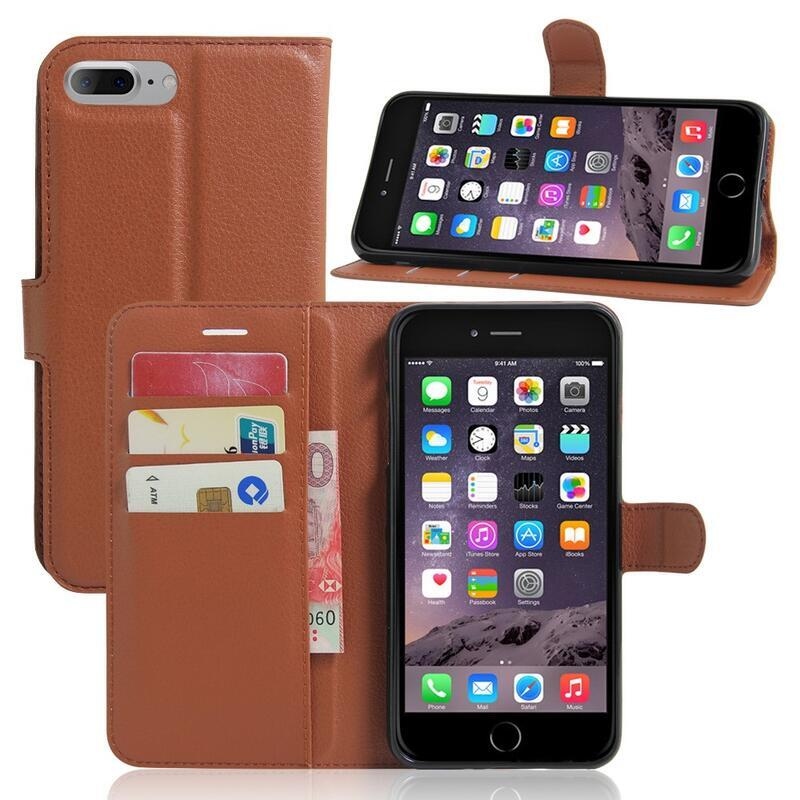 Litchi PU kožené peněženkové pouzdro na mobil iPhone 8 Plus/7 Plus - hnědé