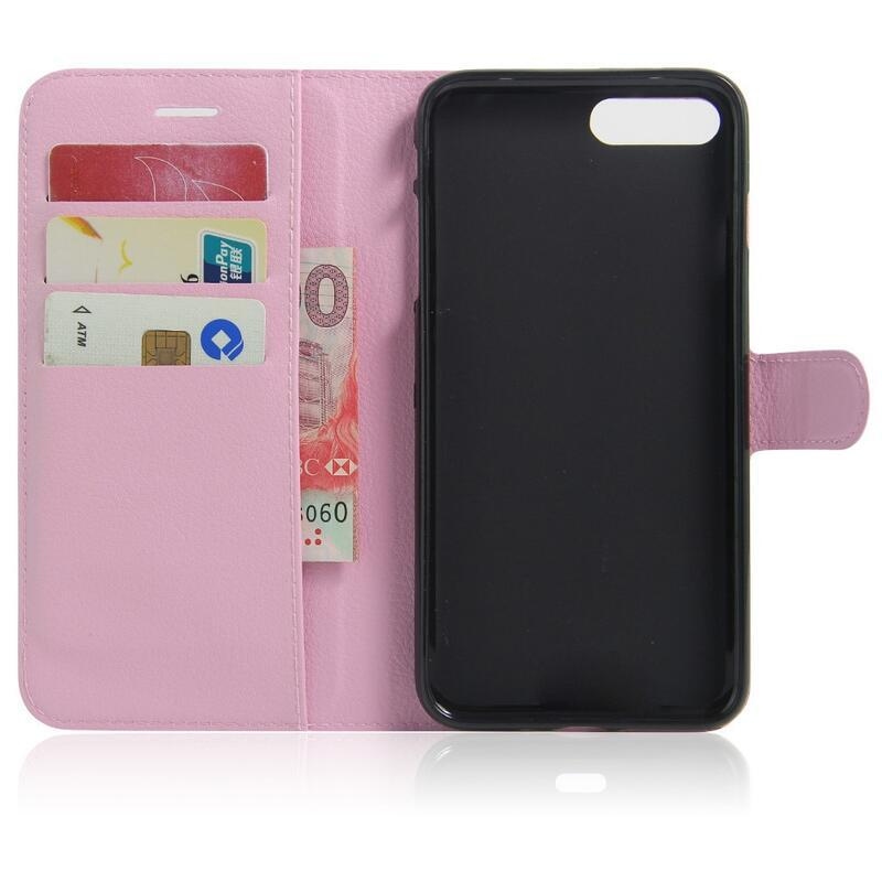 Litchi PU kožené peněženkové pouzdro na mobil iPhone 8 Plus/7 Plus - růžové