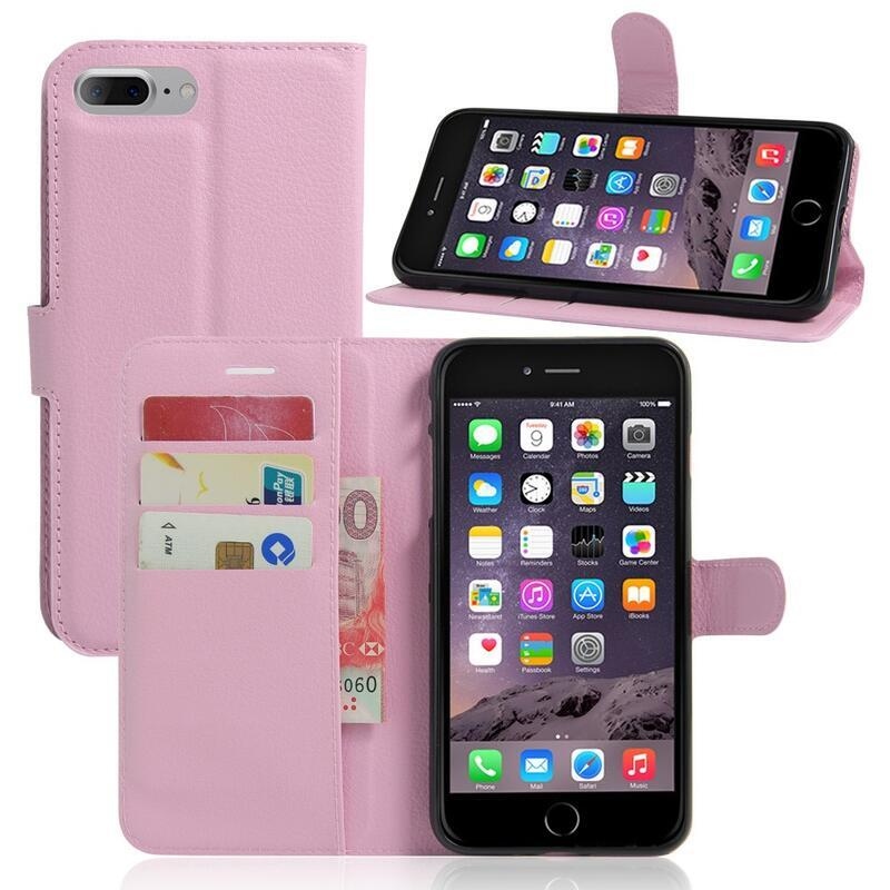 Litchi PU kožené peněženkové pouzdro na mobil iPhone 8 Plus/7 Plus - růžové