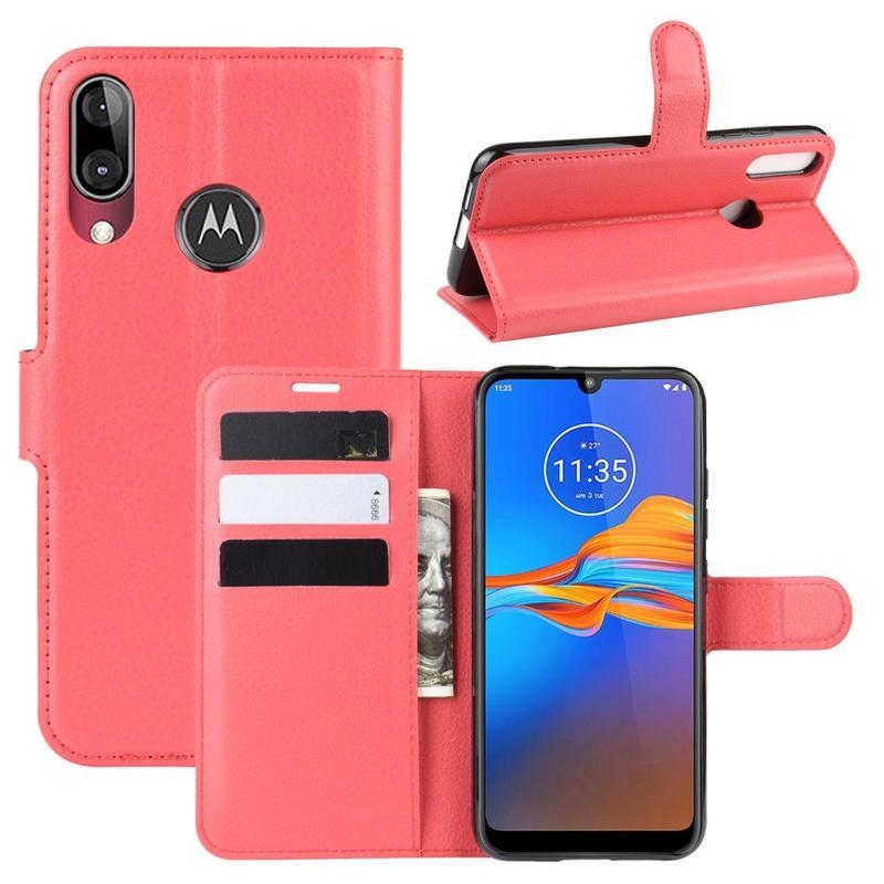 Litchi PU kožené peněženkové pouzdro na mobil Motorola Moto E6 Plus - červené