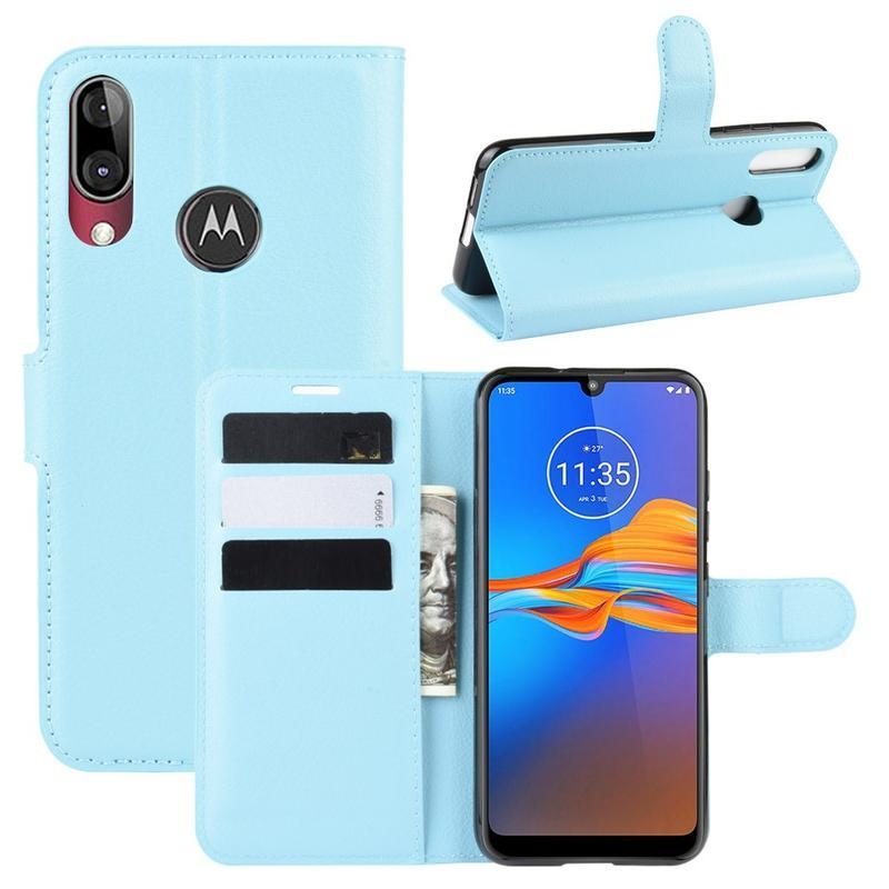 Litchi PU kožené peněženkové pouzdro na mobil Motorola Moto E6 Plus - modré