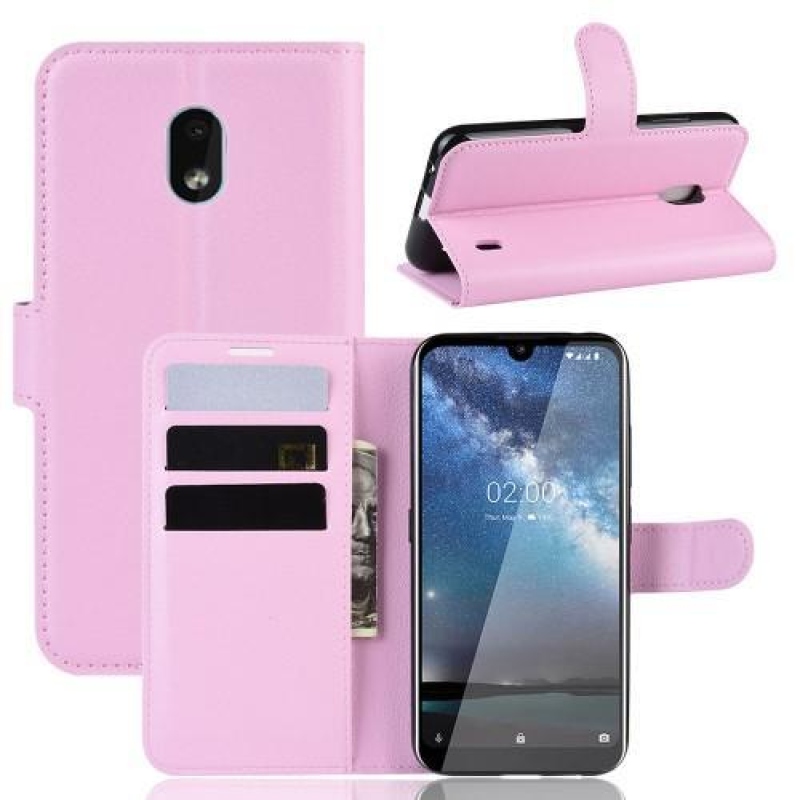 Litchi PU kožené peněženkové pouzdro na mobil Nokia 2.2 - růžové