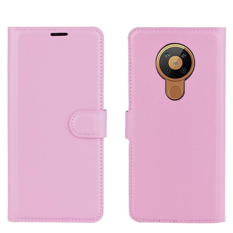 Litchi PU kožené peněženkové pouzdro na mobil Nokia 5.3 - růžové