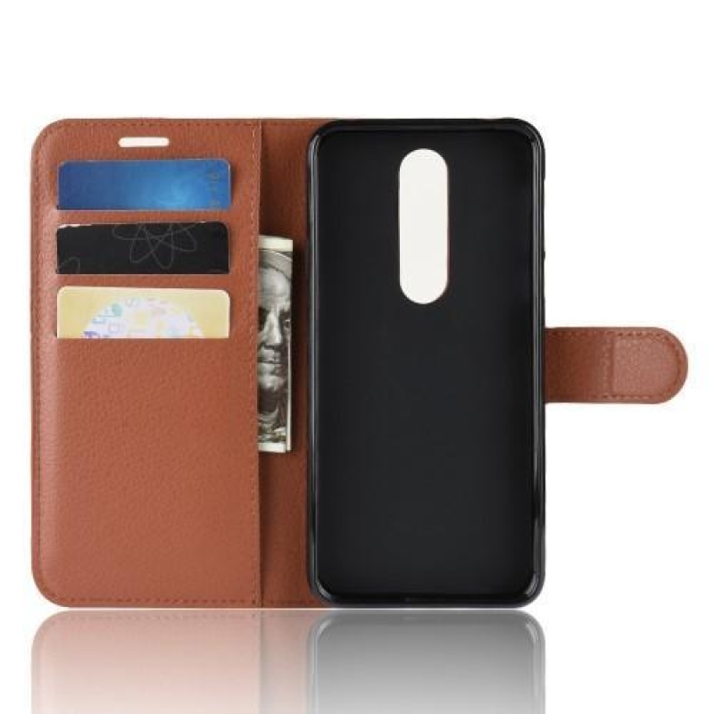 Litchi PU kožené peněženkové pouzdro na mobil Nokia 7.1 - hnědé