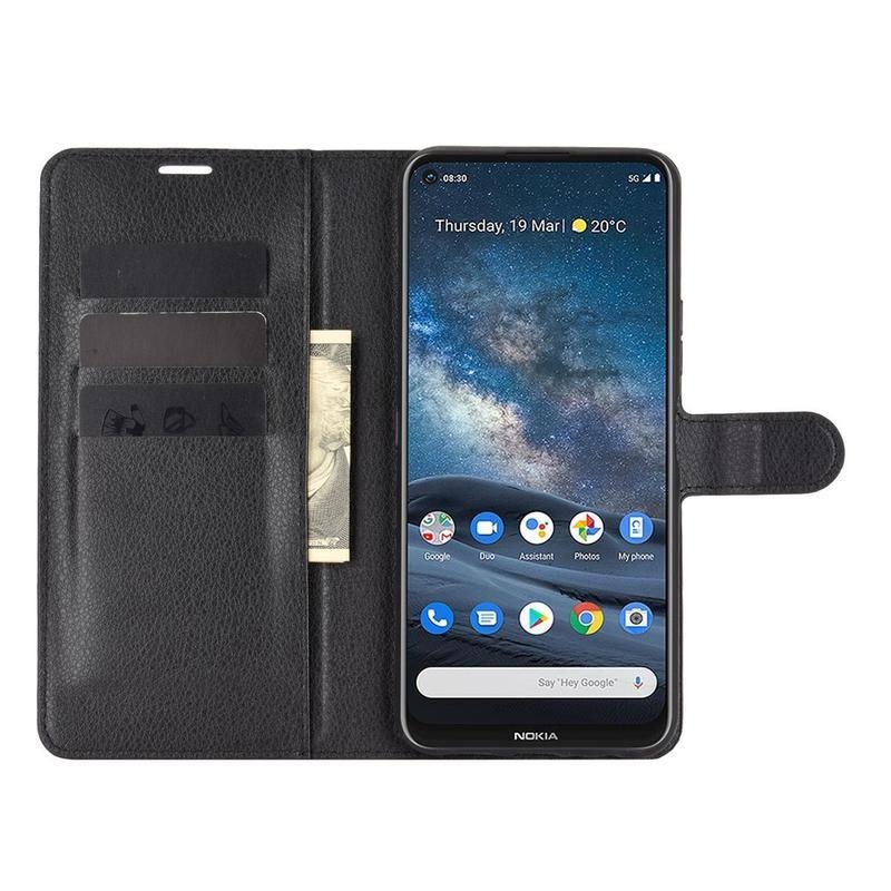 Litchi PU kožené peněženkové pouzdro na mobil Nokia 8.3 5G - černé
