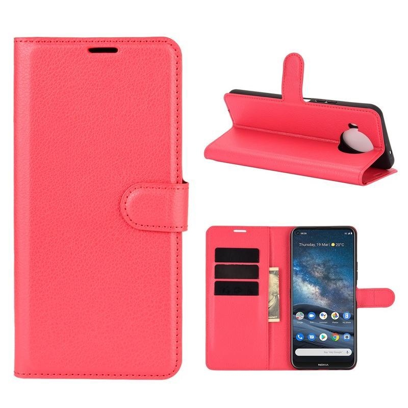 Litchi PU kožené peněženkové pouzdro na mobil Nokia 8.3 5G - červené