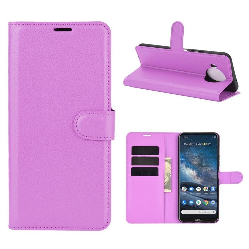 Litchi PU kožené peněženkové pouzdro na mobil Nokia 8.3 5G - fialové