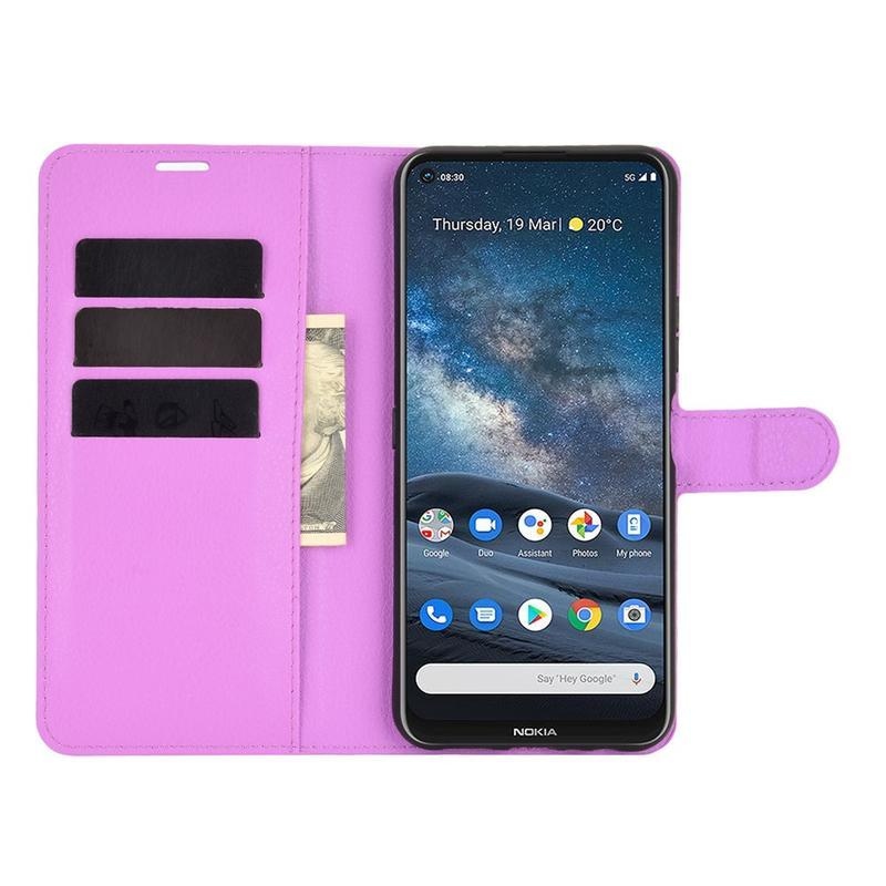 Litchi PU kožené peněženkové pouzdro na mobil Nokia 8.3 5G - fialové