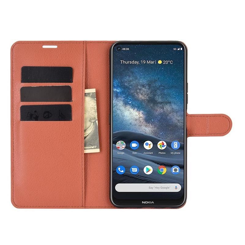 Litchi PU kožené peněženkové pouzdro na mobil Nokia 8.3 5G - hnědé