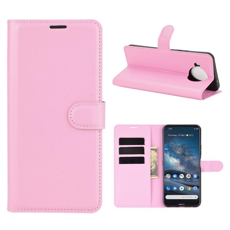 Litchi PU kožené peněženkové pouzdro na mobil Nokia 8.3 5G - růžové
