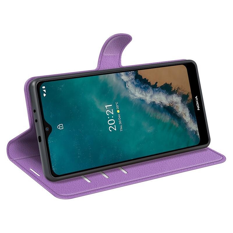 Litchi PU kožené peněženkové pouzdro na mobil Nokia G50 - fialové