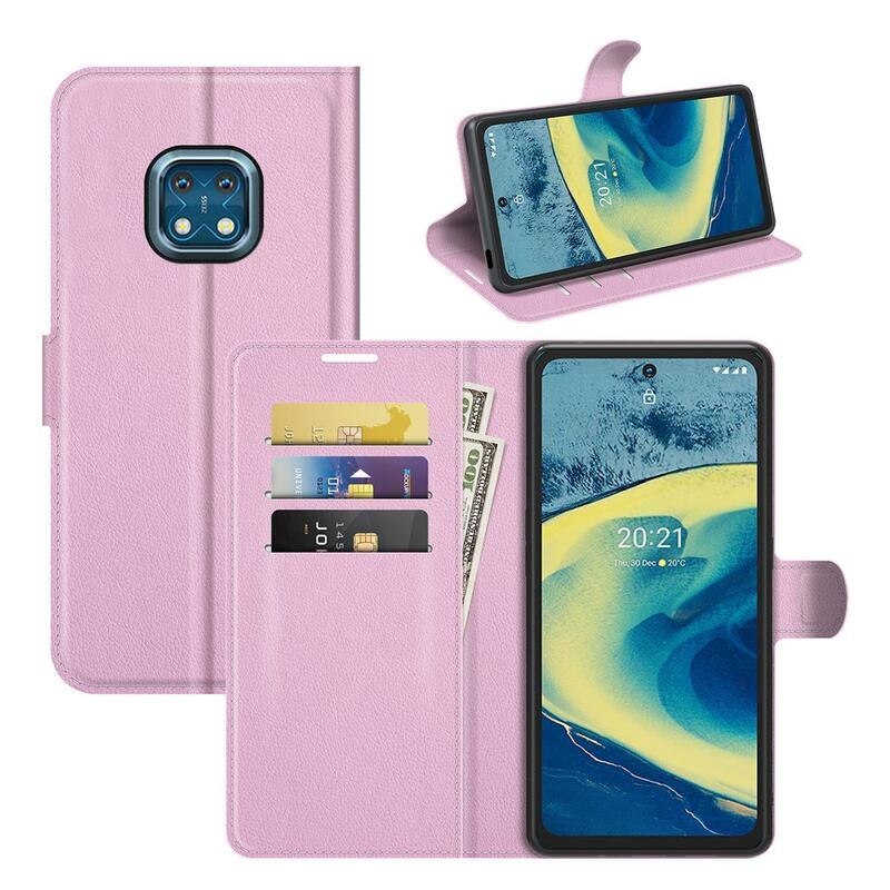 Litchi PU kožené peněženkové pouzdro na mobil Nokia XR20 - růžové