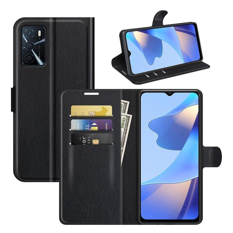 Litchi PU kožené peněženkové pouzdro na mobil Oppo A16s/A54s - černé