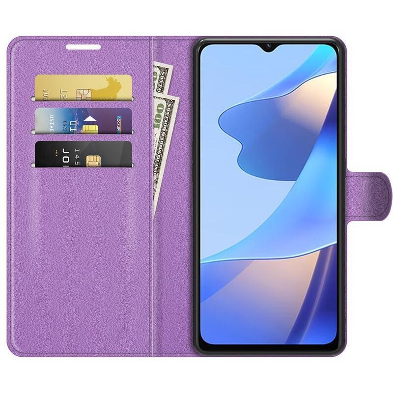 Litchi PU kožené peněženkové pouzdro na mobil Oppo A16s/A54s - fialové