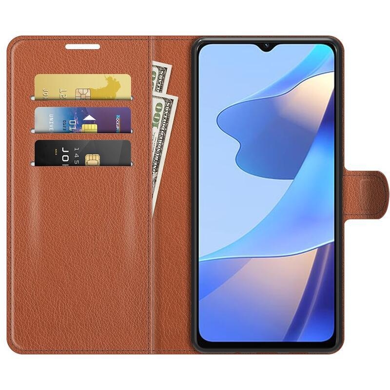 Litchi PU kožené peněženkové pouzdro na mobil Oppo A16s/A54s - hnědé