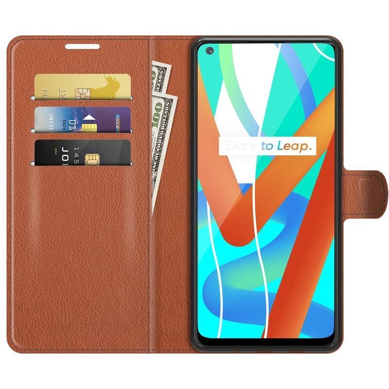 Litchi PU kožené peněženkové pouzdro na mobil Realme 8 5G - hnědé