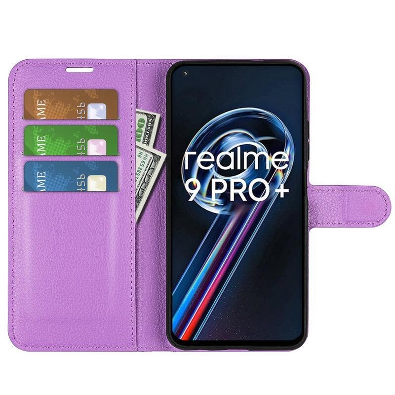 Litchi PU kožené peněženkové pouzdro na mobil Realme 9 Pro+ 5G - fialové