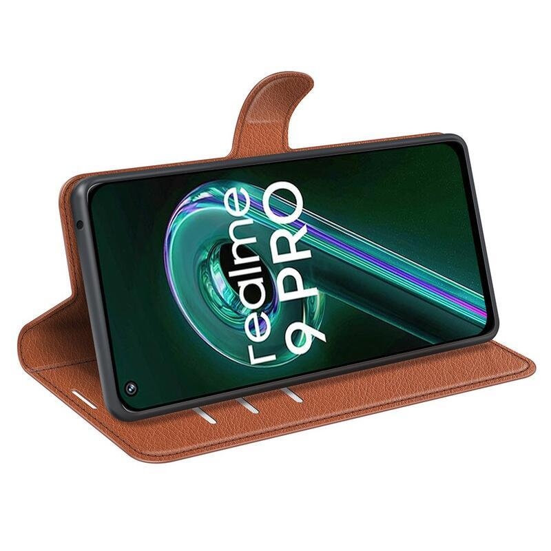 Litchi PU kožené peněženkové pouzdro na mobil Realme 9 Pro 5G - hnědé