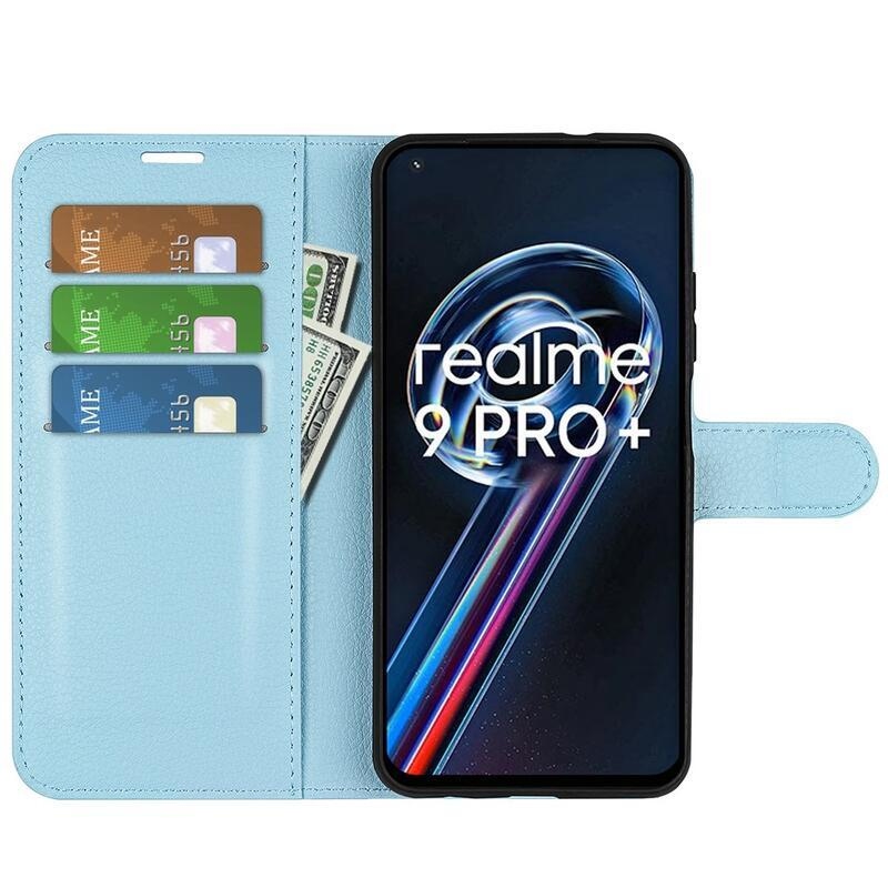 Litchi PU kožené peněženkové pouzdro na mobil Realme 9 Pro+ 5G - modré