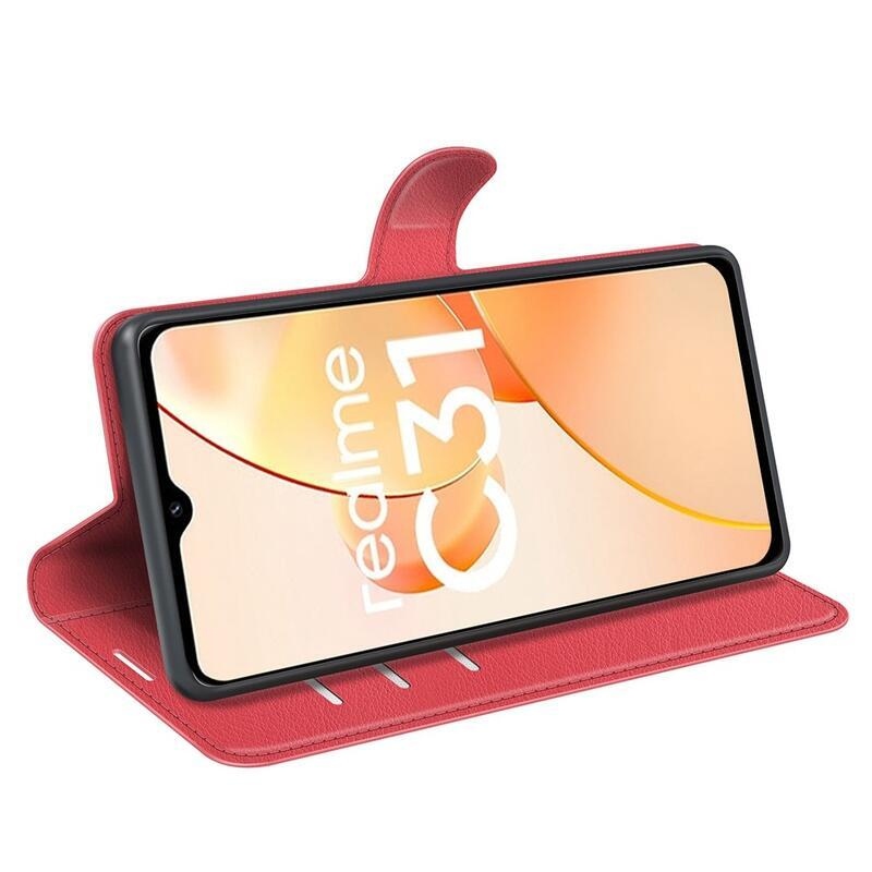 Litchi PU kožené peněženkové pouzdro na mobil Realme C31 - červené