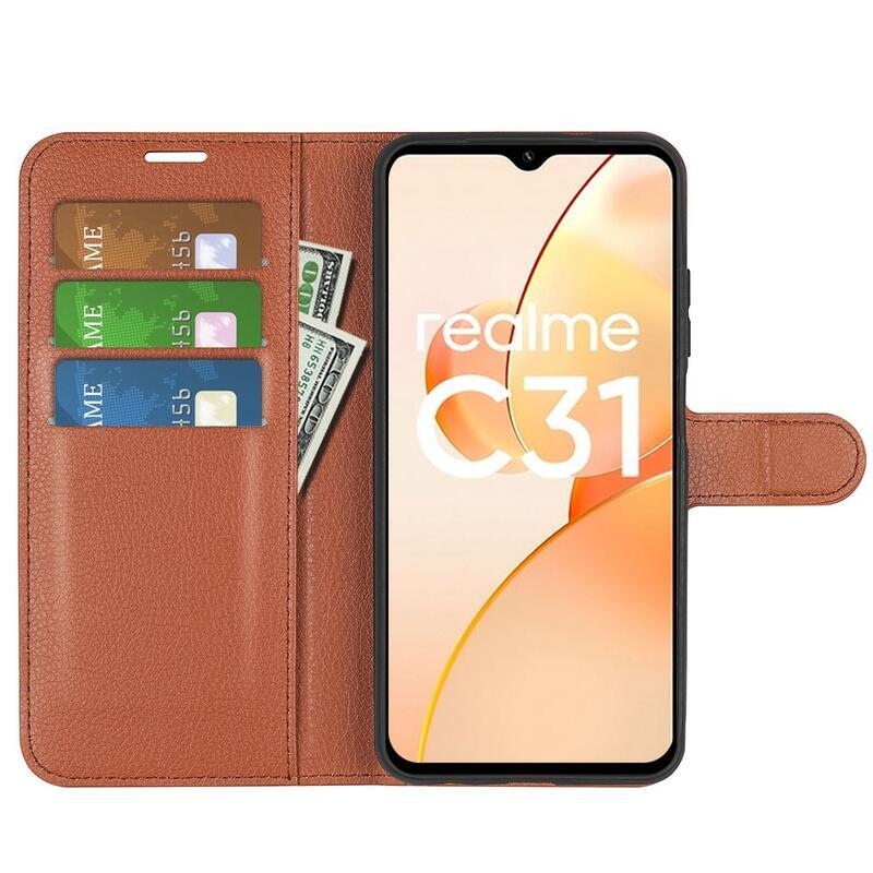 Litchi PU kožené peněženkové pouzdro na mobil Realme C31 - hnědé