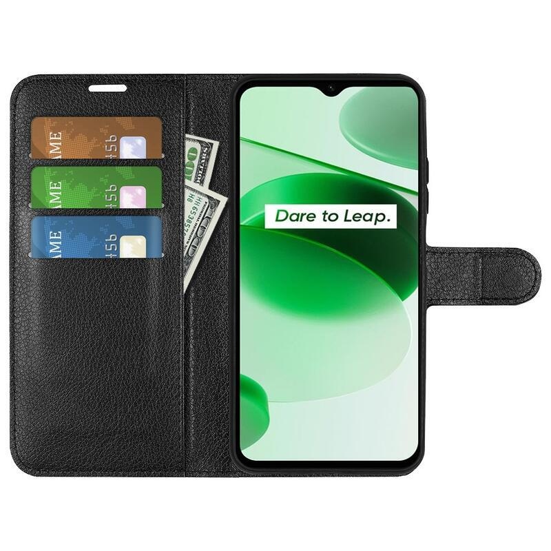 Litchi PU kožené peněženkové pouzdro na mobil Realme C35 - černé