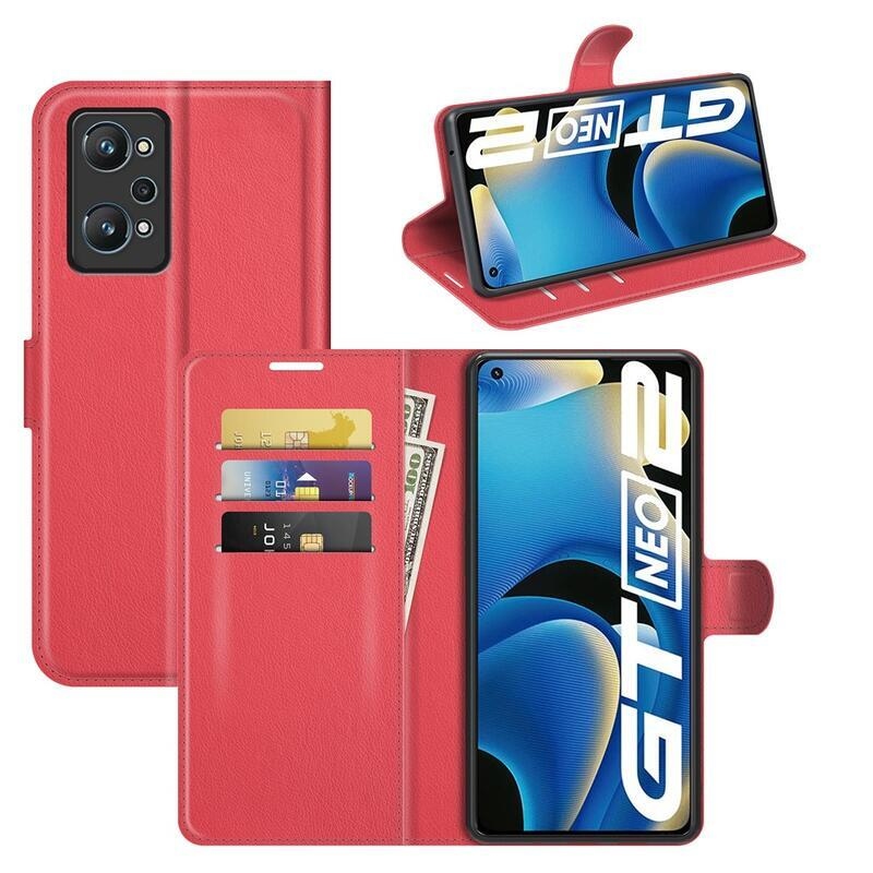 Litchi PU kožené peněženkové pouzdro na mobil Realme GT Neo 2 - červené