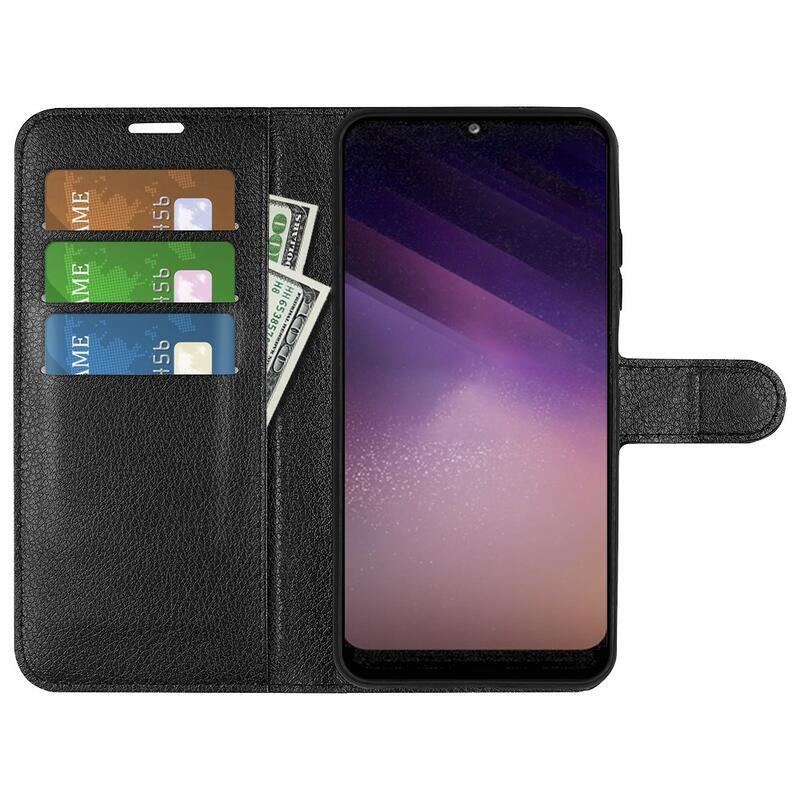 Litchi PU kožené peněženkové pouzdro na mobil Samsung Galaxy A03 - černé