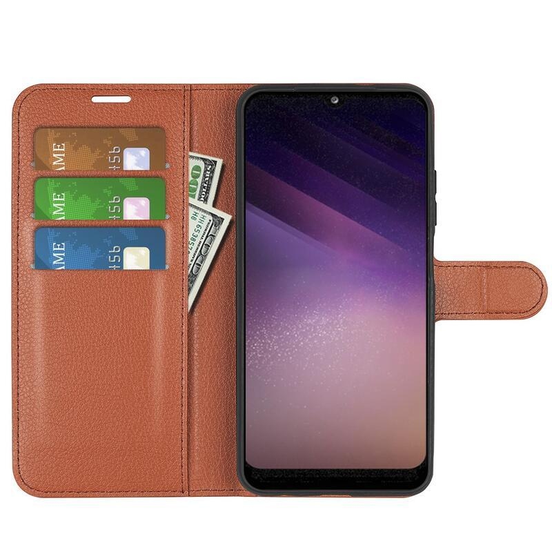 Litchi PU kožené peněženkové pouzdro na mobil Samsung Galaxy A03 - hnědé