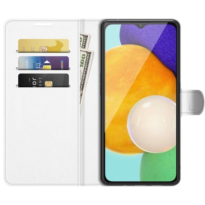 Litchi PU kožené peněženkové pouzdro na mobil Samsung Galaxy A13 5G/Galaxy A04s (164.7 x 76.7 x 9.1 mm) - bílé