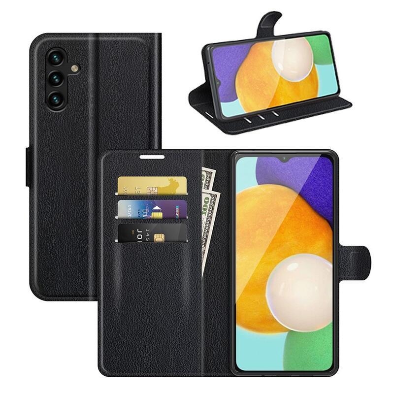 Litchi PU kožené peněženkové pouzdro na mobil Samsung Galaxy A13 5G/Galaxy A04s (164.7 x 76.7 x 9.1 mm) - černé
