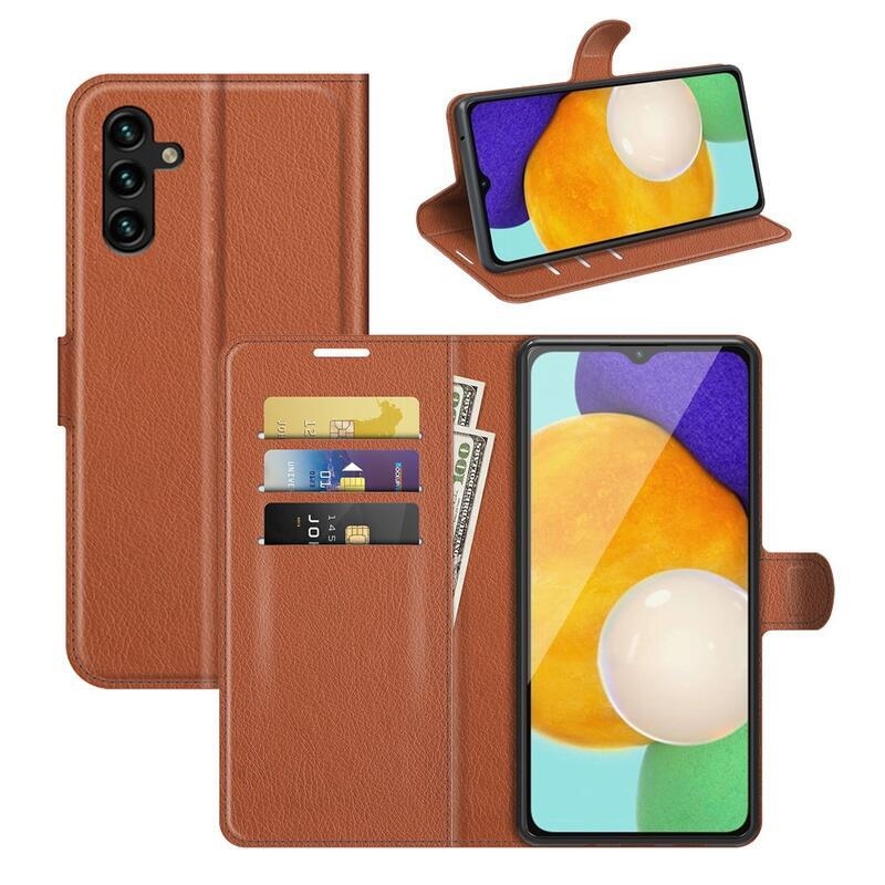 Litchi PU kožené peněženkové pouzdro na mobil Samsung Galaxy A13 5G/Galaxy A04s (164.7 x 76.7 x 9.1 mm) - hnědé