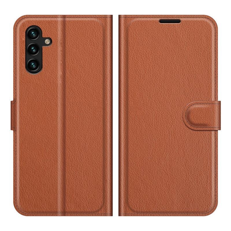 Litchi PU kožené peněženkové pouzdro na mobil Samsung Galaxy A13 5G/Galaxy A04s (164.7 x 76.7 x 9.1 mm) - hnědé