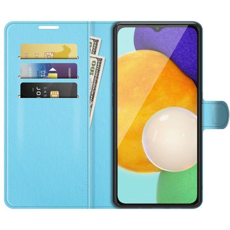 Litchi PU kožené peněženkové pouzdro na mobil Samsung Galaxy A13 5G/Galaxy A04s (164.7 x 76.7 x 9.1 mm) - modré
