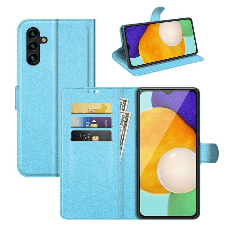 Litchi PU kožené peněženkové pouzdro na mobil Samsung Galaxy A13 5G/Galaxy A04s (164.7 x 76.7 x 9.1 mm) - modré