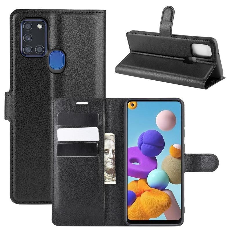 Litchi PU kožené peněženkové pouzdro na mobil Samsung Galaxy A21s - černé
