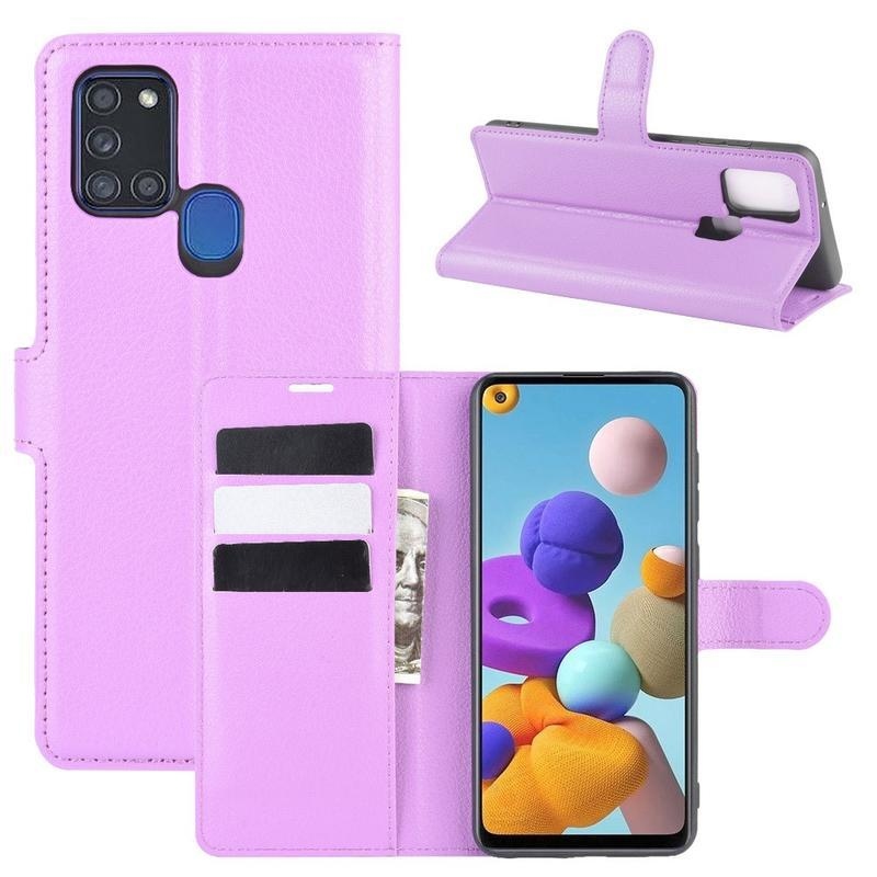 Litchi PU kožené peněženkové pouzdro na mobil Samsung Galaxy A21s - fialové