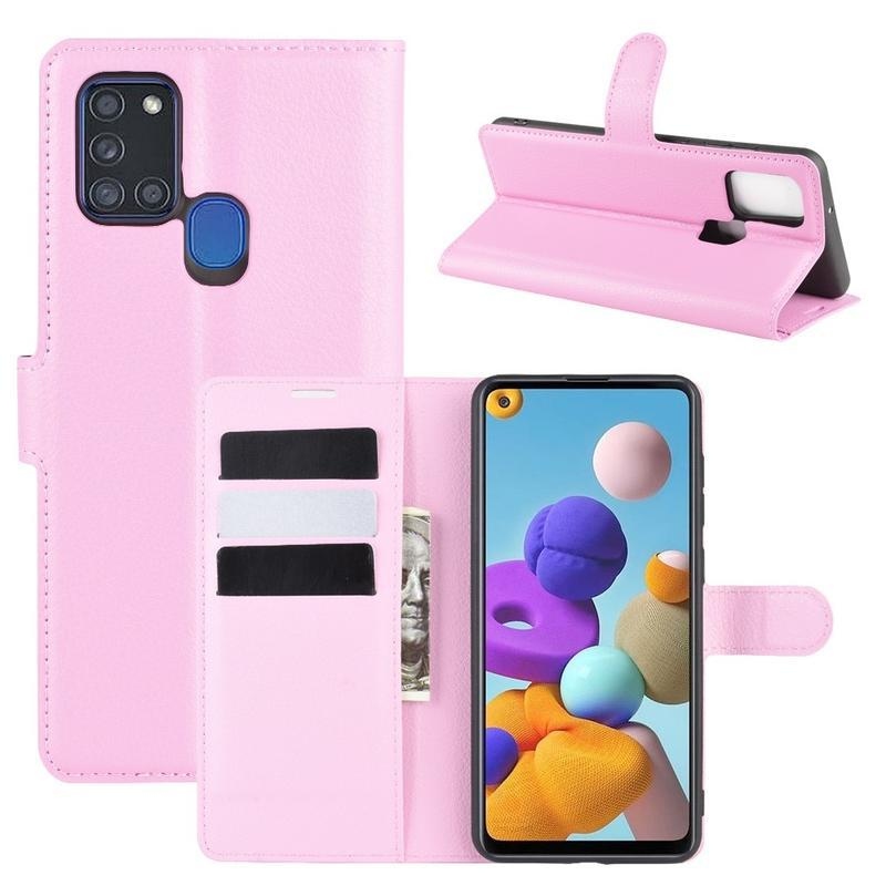 Litchi PU kožené peněženkové pouzdro na mobil Samsung Galaxy A21s - růžové