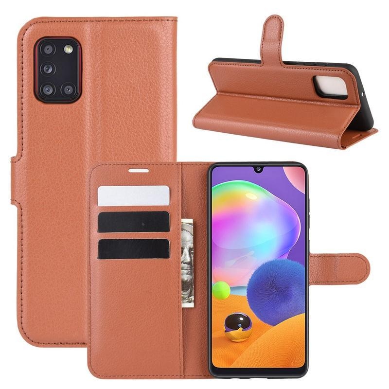 Litchi PU kožené peněženkové pouzdro na mobil Samsung Galaxy A31 - hnědé