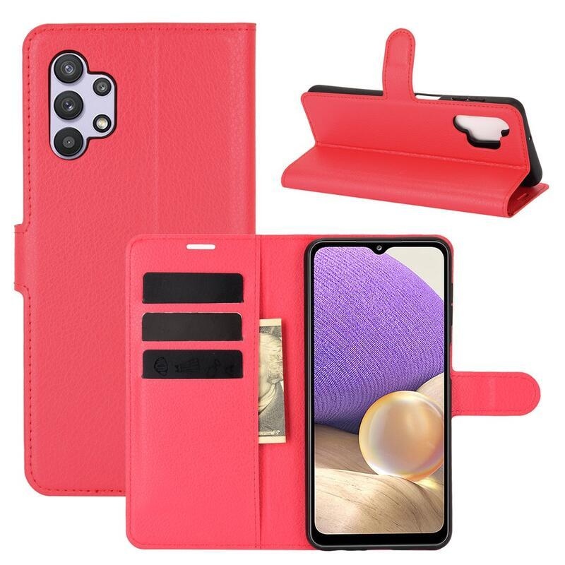Litchi PU kožené peněženkové pouzdro na mobil Samsung Galaxy A32 5G - červené