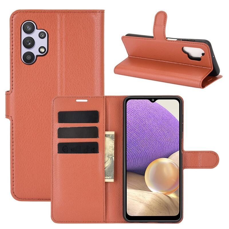 Litchi PU kožené peněženkové pouzdro na mobil Samsung Galaxy A32 5G - hnědé