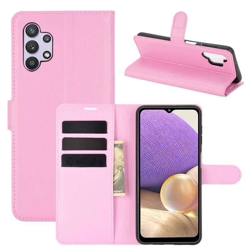 Litchi PU kožené peněženkové pouzdro na mobil Samsung Galaxy A32 5G - růžové
