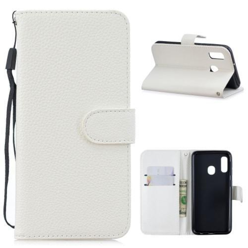 Litchi PU kožené peněženkové pouzdro na mobil Samsung Galaxy A40 - bílý