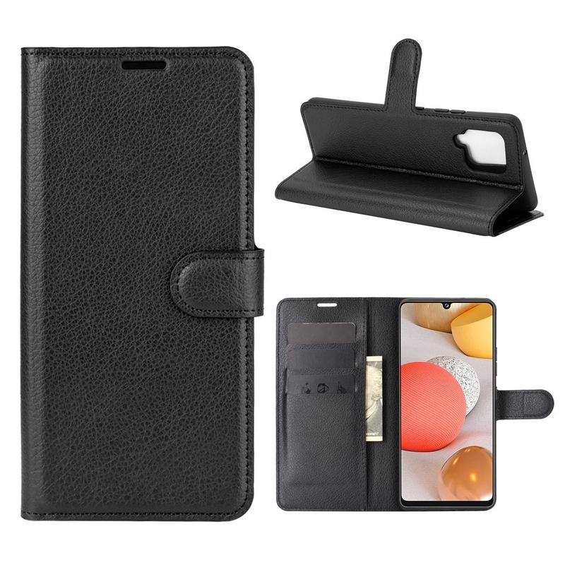 Litchi PU kožené peněženkové pouzdro na mobil Samsung Galaxy A42 5G - černé