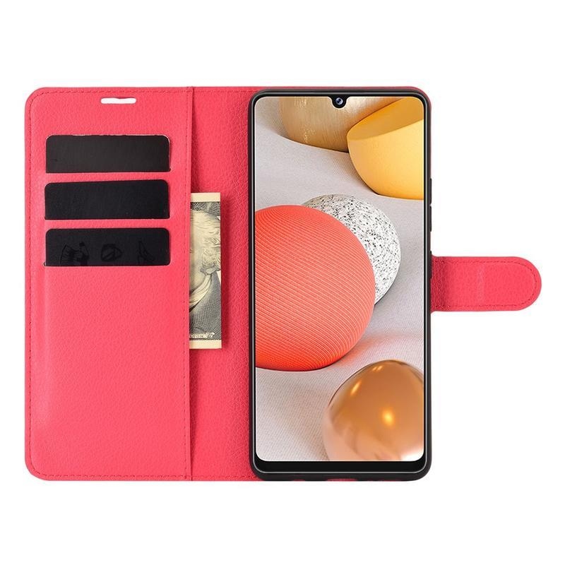 Litchi PU kožené peněženkové pouzdro na mobil Samsung Galaxy A42 5G - červené