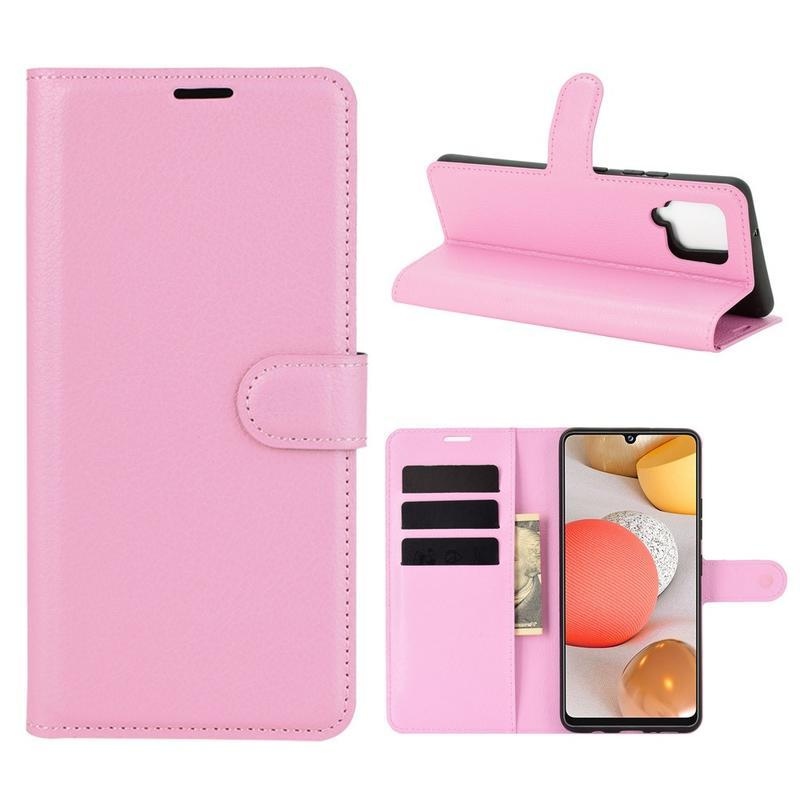 Litchi PU kožené peněženkové pouzdro na mobil Samsung Galaxy A42 5G - růžové