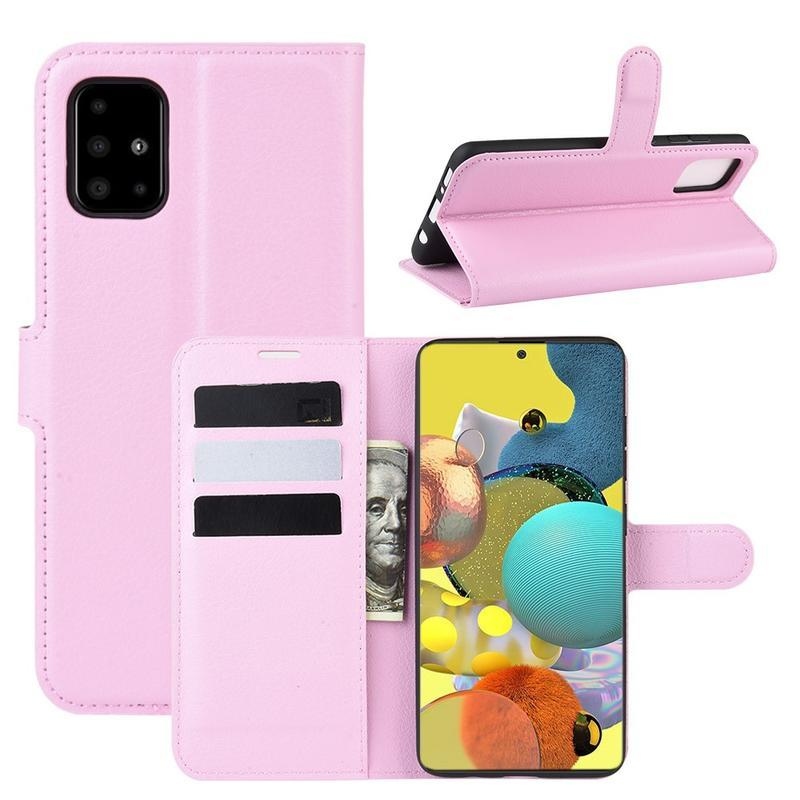 Litchi PU kožené peněženkové pouzdro na mobil Samsung Galaxy A51 5G - růžové