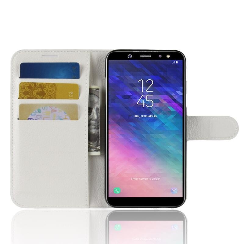 Litchi PU kožené peněženkové pouzdro na mobil Samsung Galaxy A6 (2018) - bílé